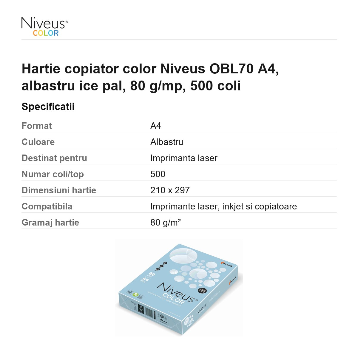Hartie copiator color Niveus OBL70 A4, albastru ice pal, 80 g/mp, 500 coli [3]