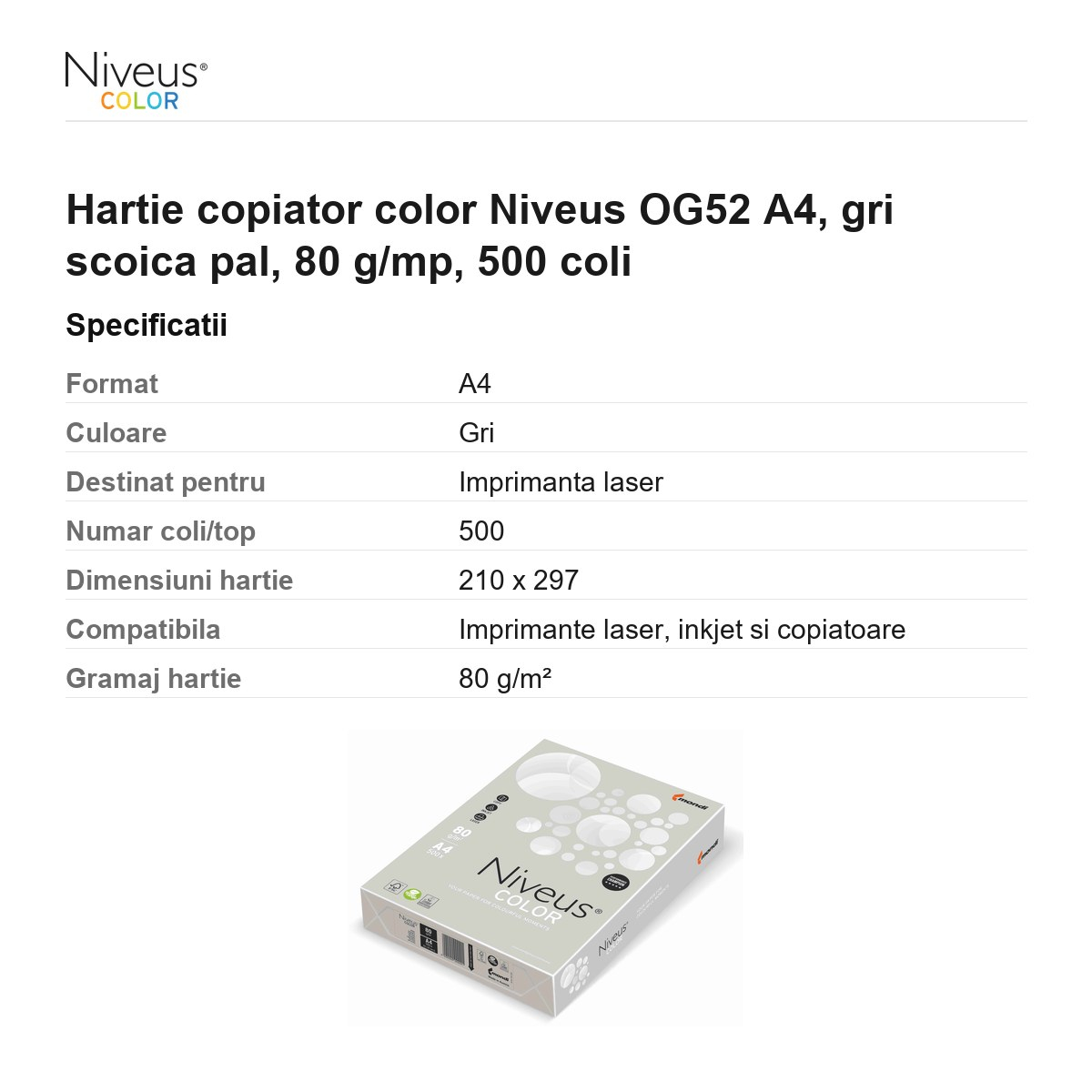 Hartie copiator color Niveus OG52 A4, gri scoica pal, 80 g/mp, 500 coli [3]