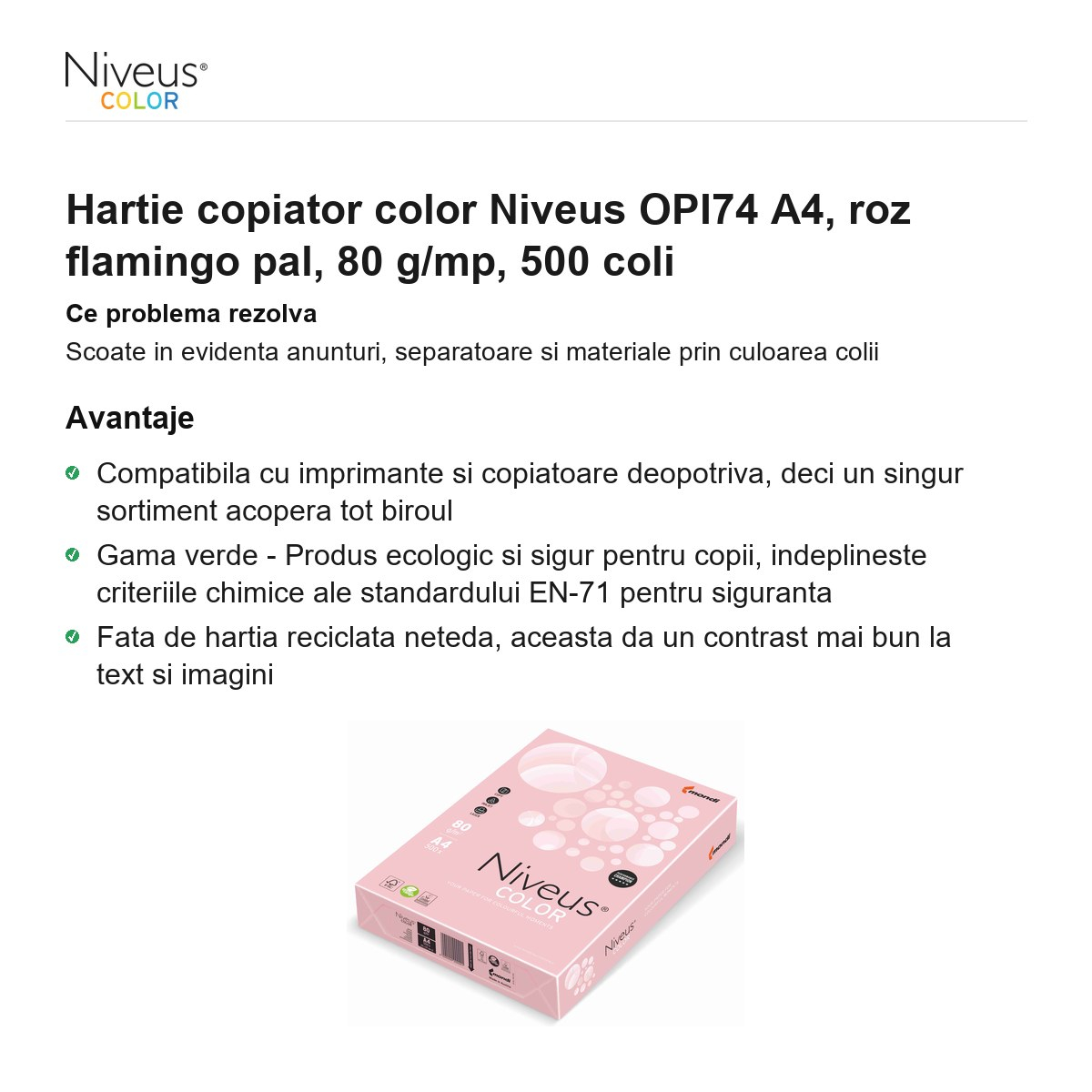 Hartie copiator color Niveus OPI74 A4, roz flamingo pal, 80 g/mp, 500 coli [2]