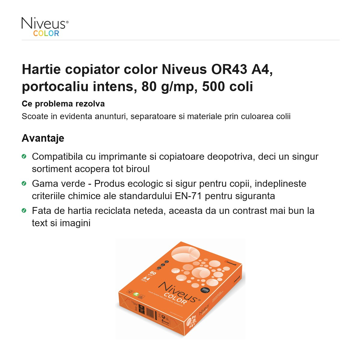 Hartie copiator color Niveus OR43 A4, portocaliu intens, 80 g/mp, 500 coli [2]