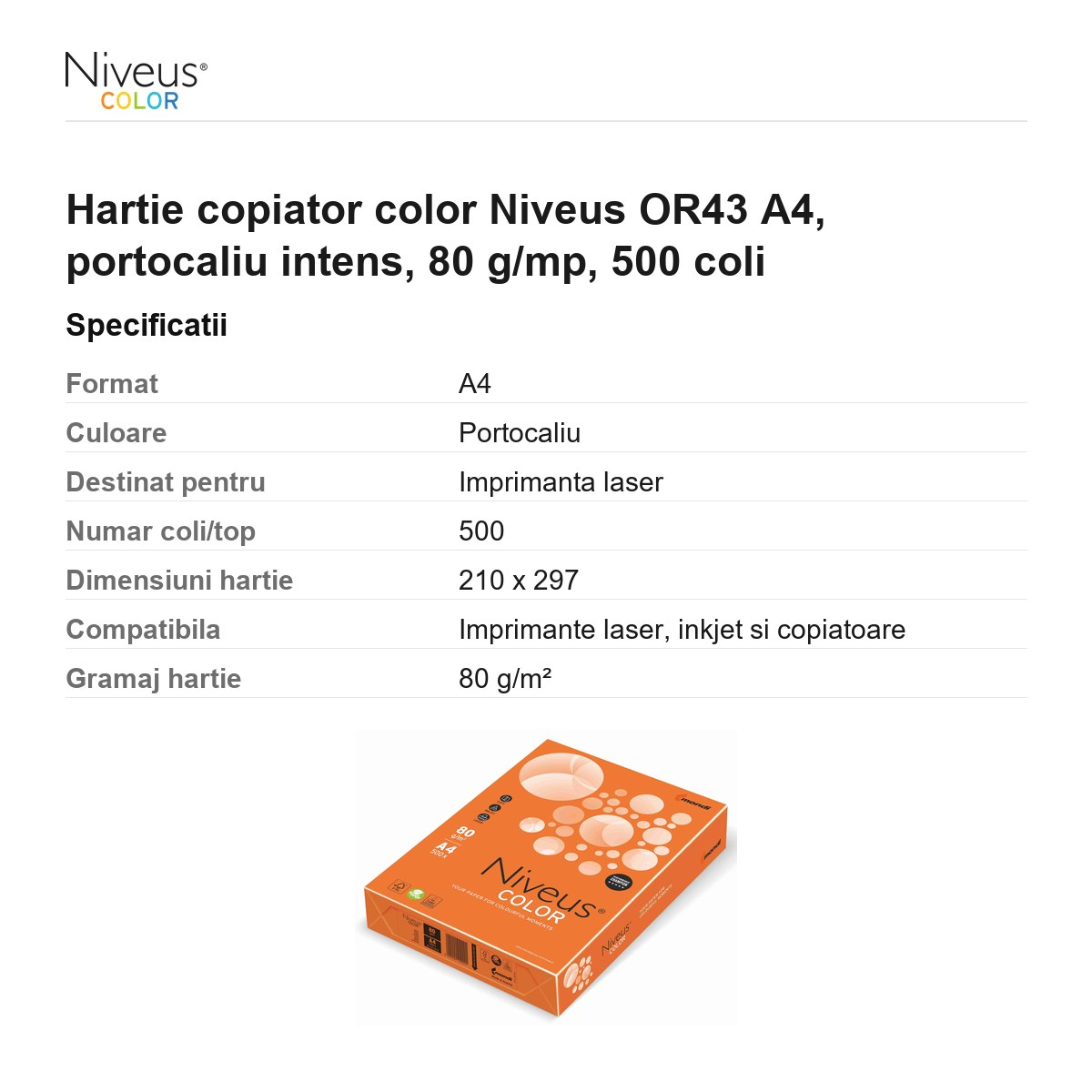 Hartie copiator color Niveus OR43 A4, portocaliu intens, 80 g/mp, 500 coli [3]