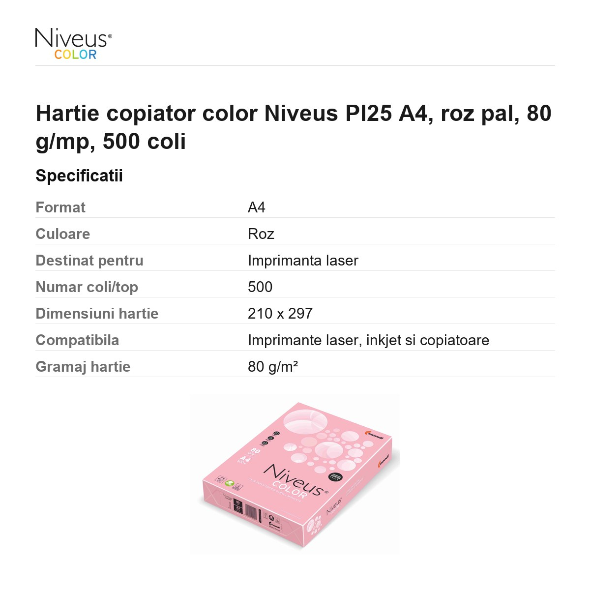Hartie copiator color Niveus PI25 A4, roz pal, 80 g/mp, 500 coli [3]