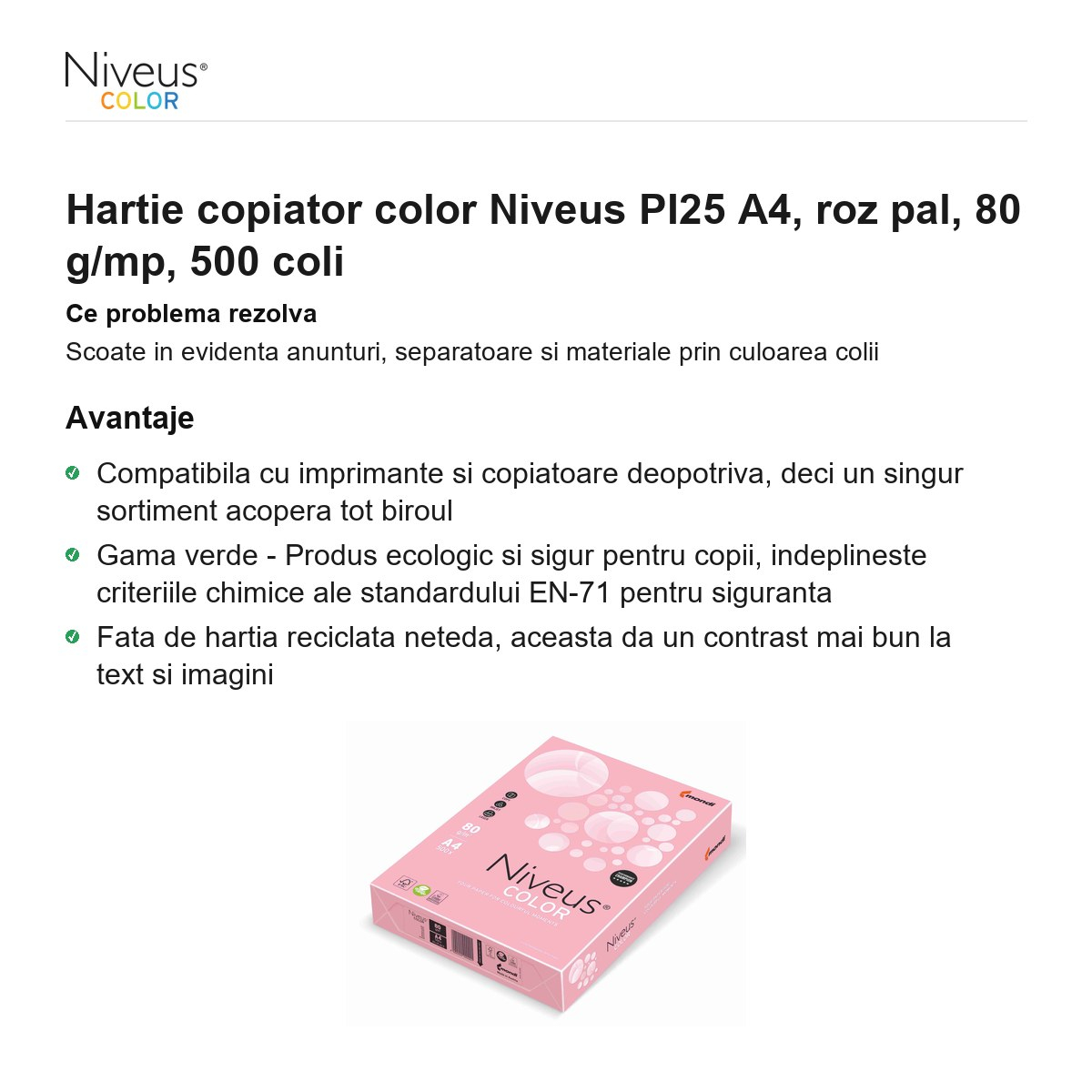 Hartie copiator color Niveus PI25 A4, roz pal, 80 g/mp, 500 coli [2]