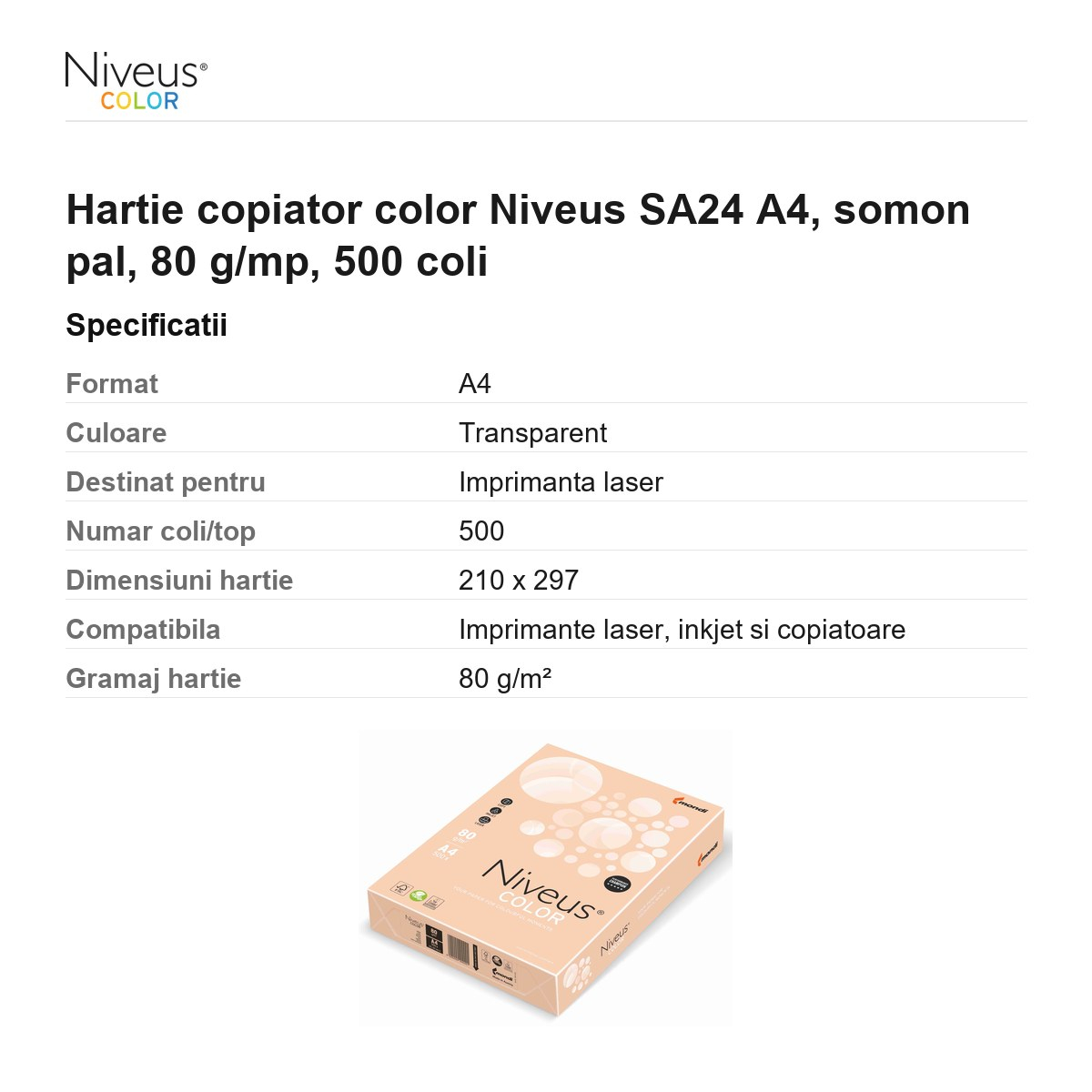 Hartie copiator color Niveus SA24 A4, somon pal, 80 g/mp, 500 coli [3]