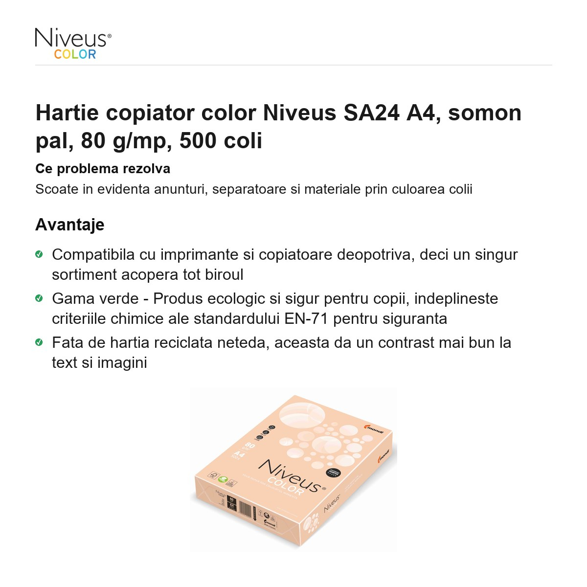 Hartie copiator color Niveus SA24 A4, somon pal, 80 g/mp, 500 coli [2]