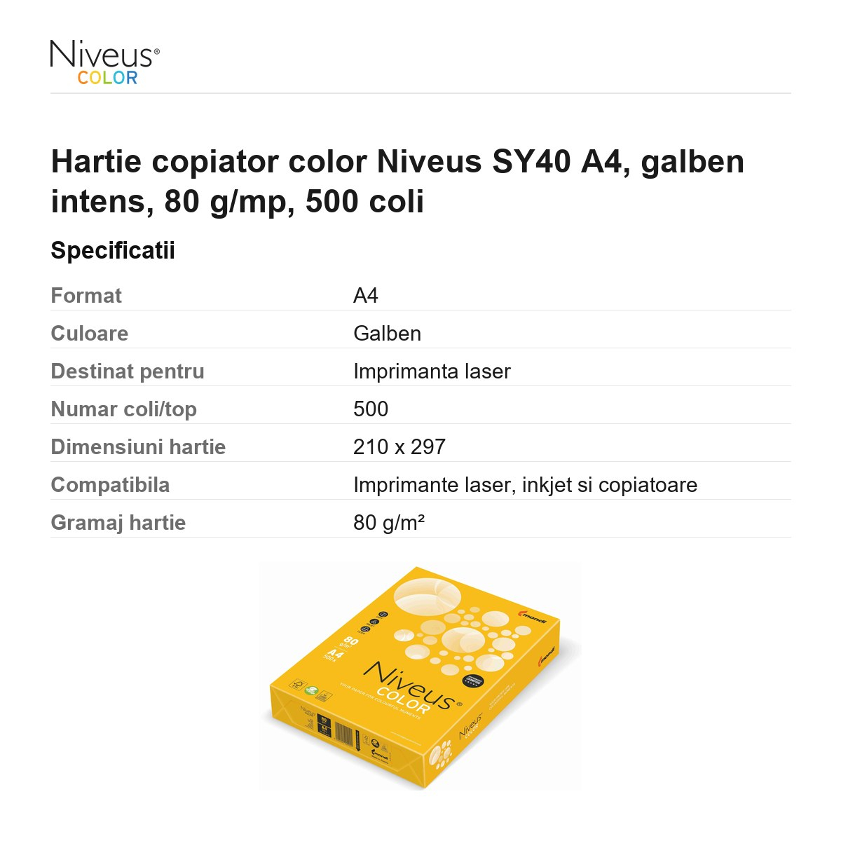 Hartie copiator color Niveus SY40 A4, galben intens, 80 g/mp, 500 coli [3]