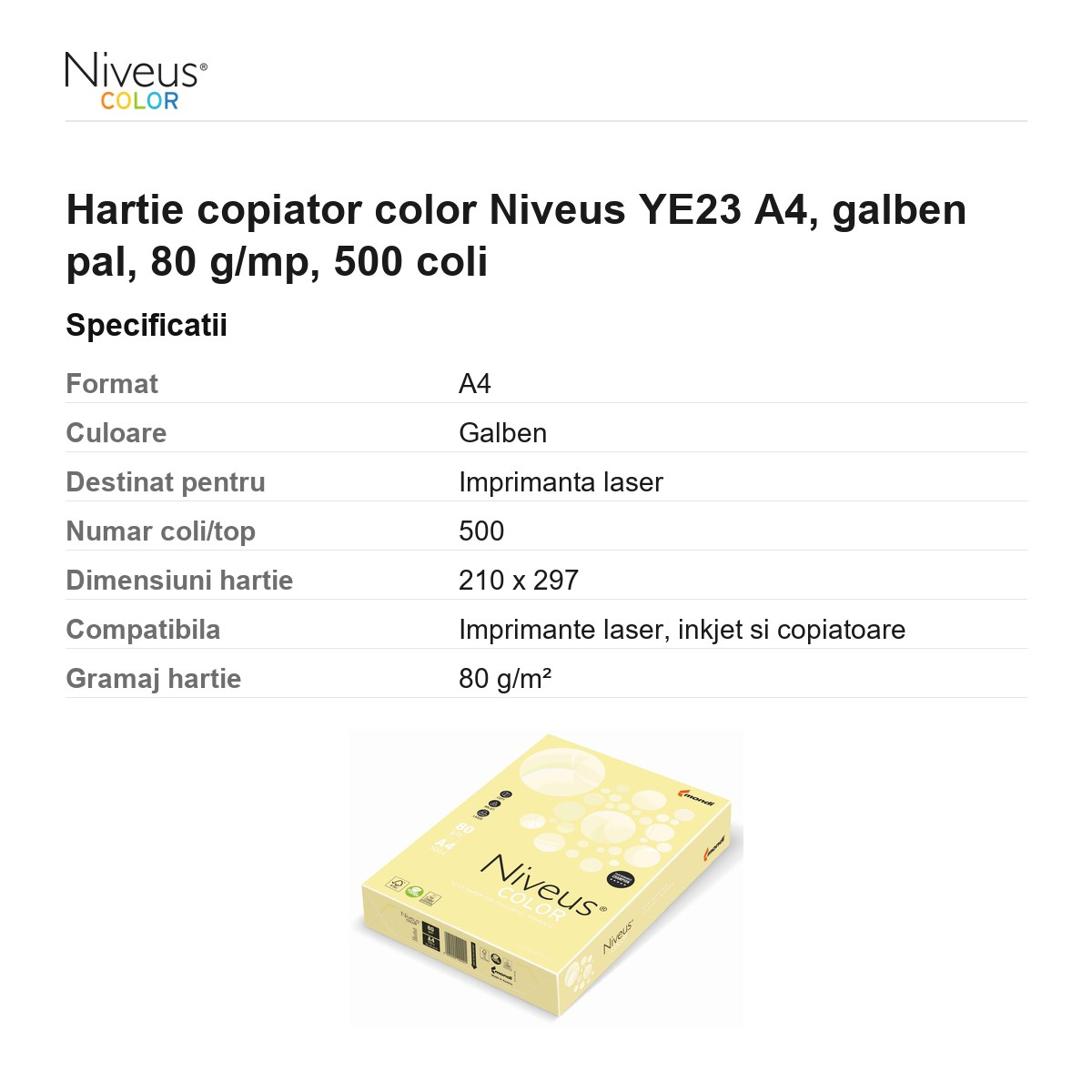 Hartie copiator color Niveus YE23 A4, galben pal, 80 g/mp, 500 coli [3]