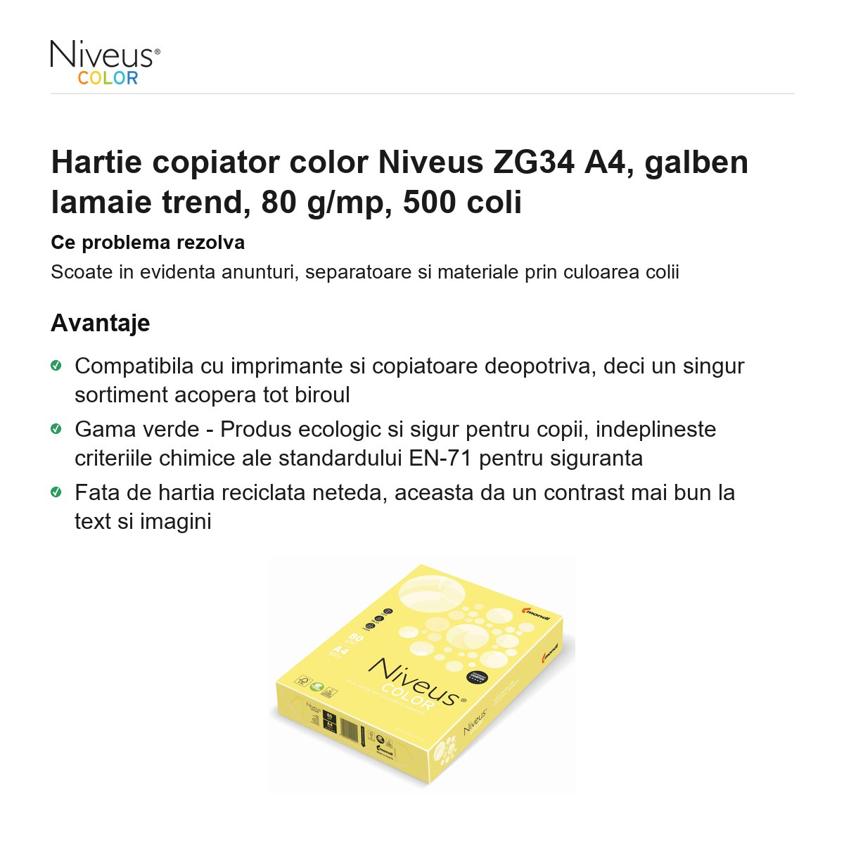 Hartie copiator color Niveus ZG34 A4, galben lamaie trend, 80 g/mp, 500 coli [2]