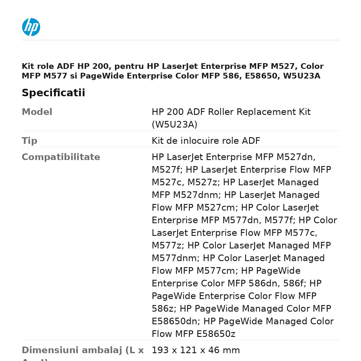 Kit role ADF HP 200, pentru HP LaserJet Enterprise MFP M527, Color MFP M577 si PageWide Enterprise Color MFP 586, E58650, W5U23A [3]