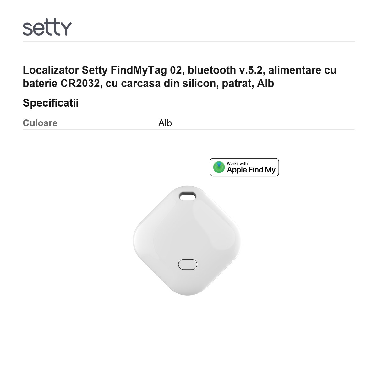 Localizator Setty FindMyTag 02, bluetooth v.5.2, alimentare cu baterie CR2032, cu carcasa din silicon, patrat, Alb [3]