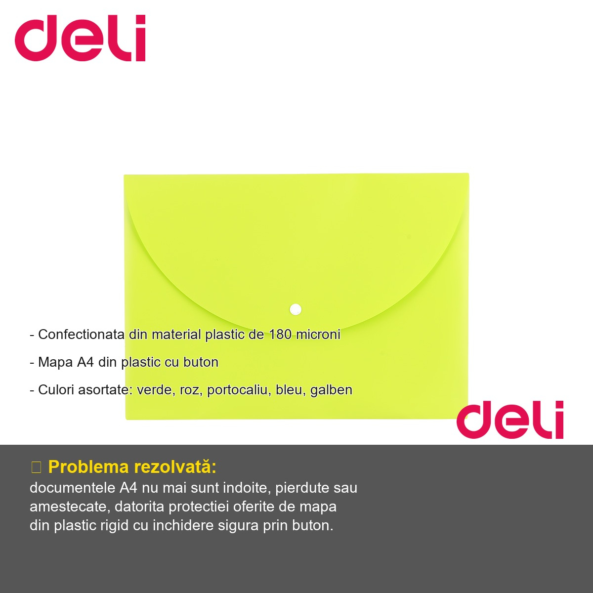 Mapa plastic cu buton Deli, format A4, culori neon asortate, pentru organizarea documentelor [2]