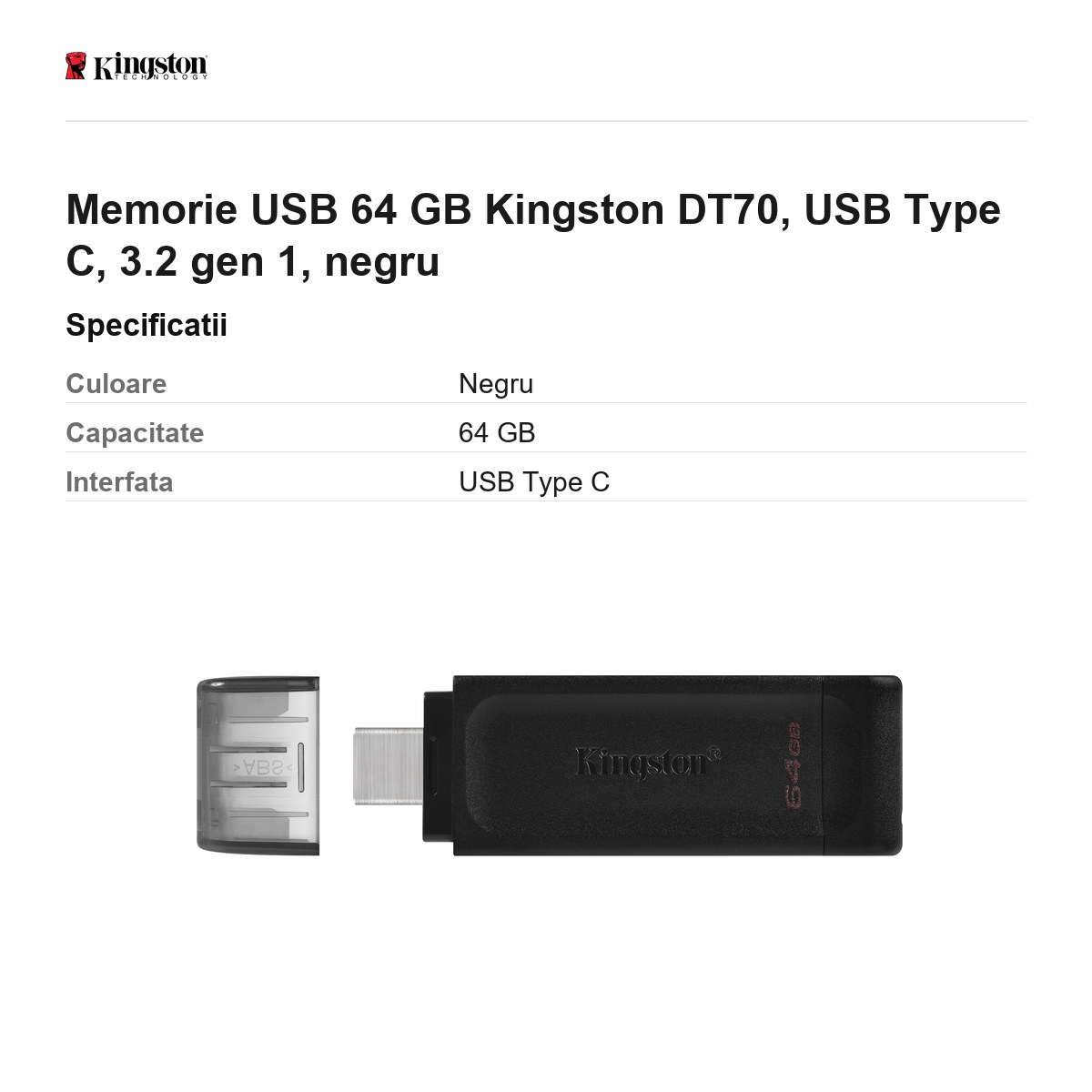 Memorie USB 64 GB Kingston DT70, USB Type C, 3.2 gen 1, negru [3]