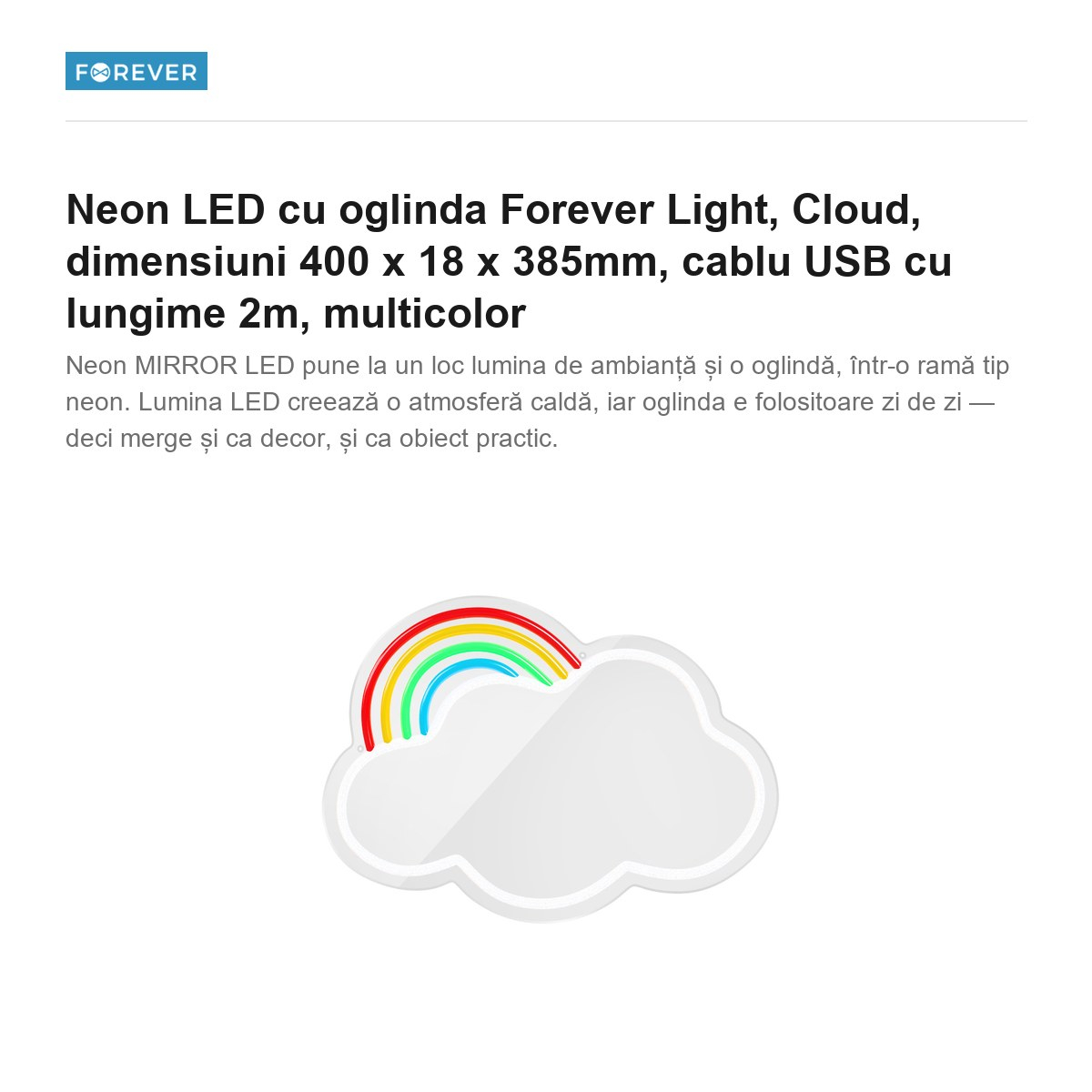 Neon LED cu oglinda Forever Light, Cloud, dimensiuni 400 x 18 x 385mm, cablu USB cu lungime 2m, multicolor [2]