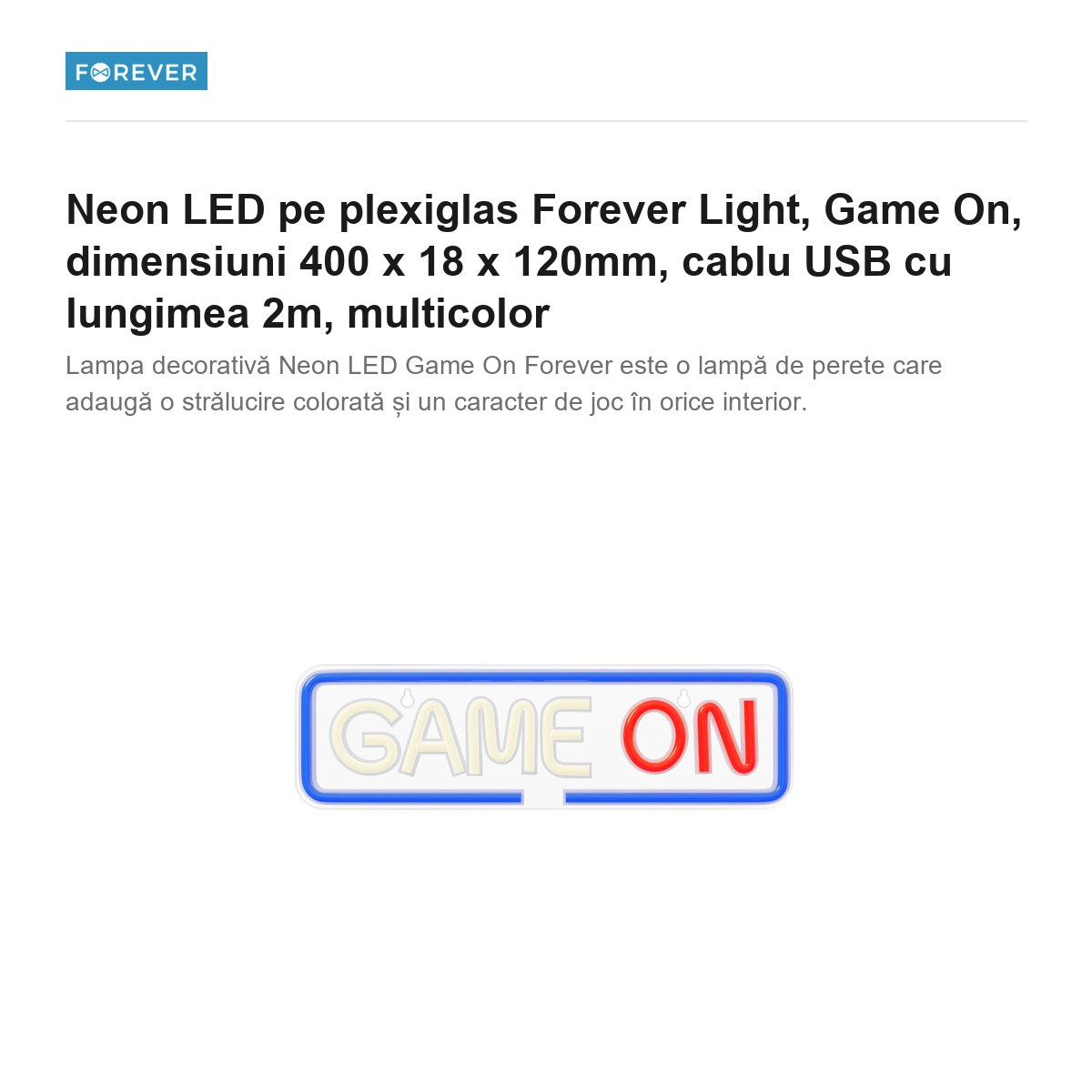 Neon LED pe plexiglas Forever Light, Game On, dimensiuni 400 x 18 x 120mm, cablu USB cu lungimea 2m, multicolor [2]