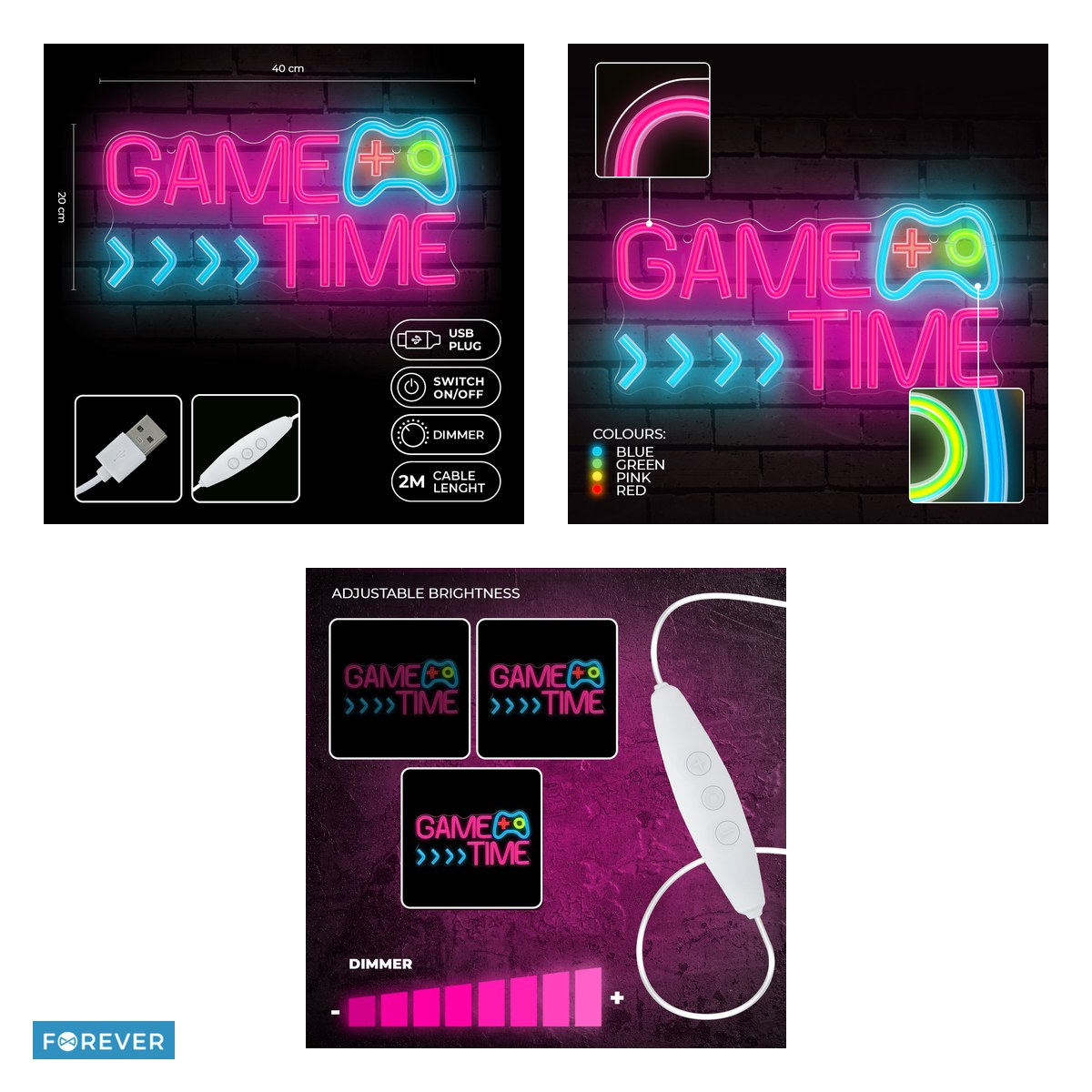 Neon LED pe plexiglas Forever Light, Game Time, dimensiuni 200 x 15 x 400 mmmm, cablu USB cu lungimea 2m, multicolor [4]