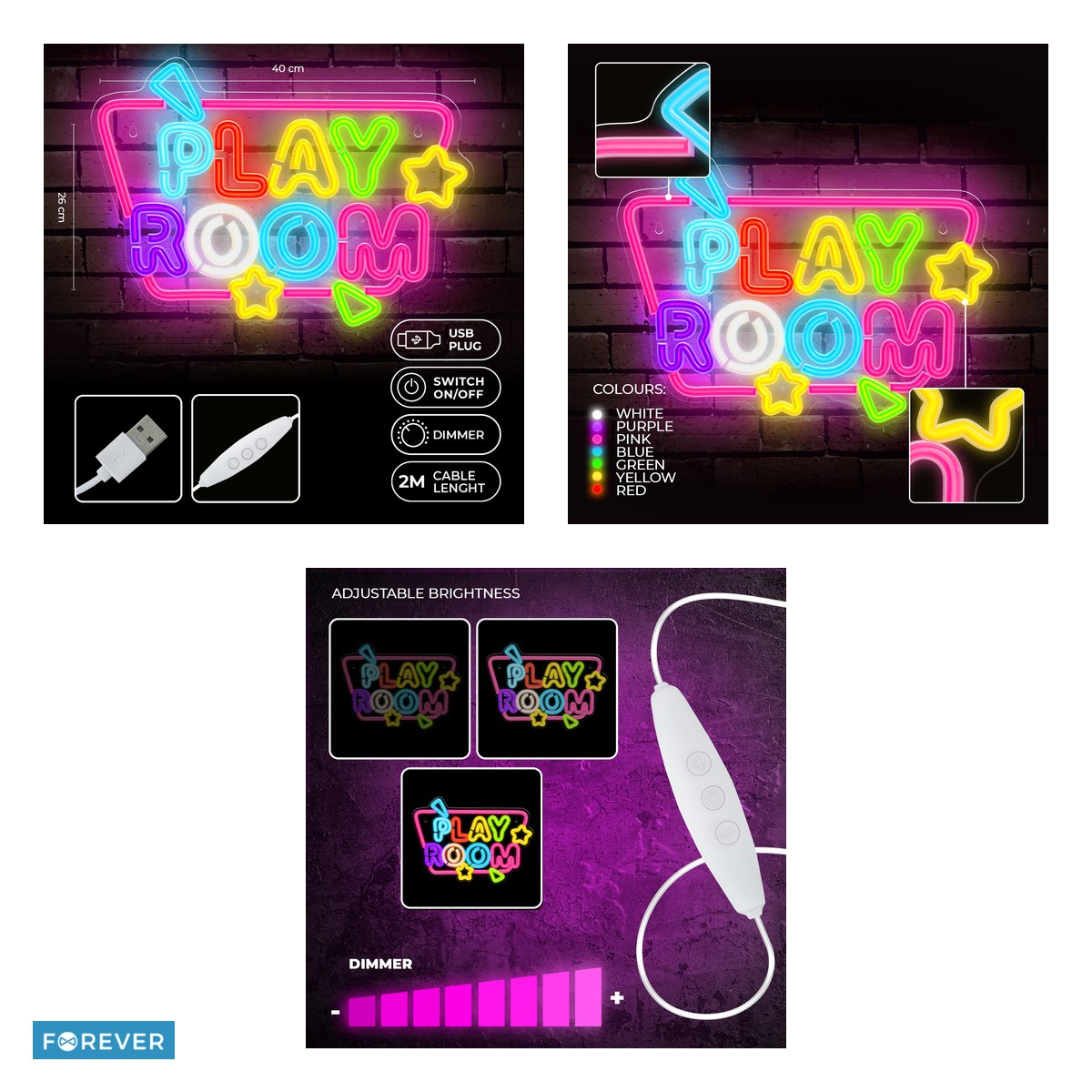 Neon LED pe plexiglas Forever Light, Playroom, 140 x 20 x 320mm, cablu USB cu lungimea 2m, multicolor [4]