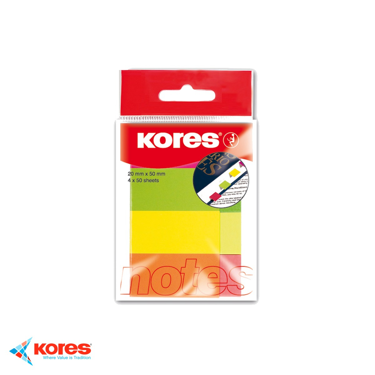Notes adeziv Kores, 20x50 mm, 4 culori neon, 50 file/culoare, pentru marcare si organizare documente [1]