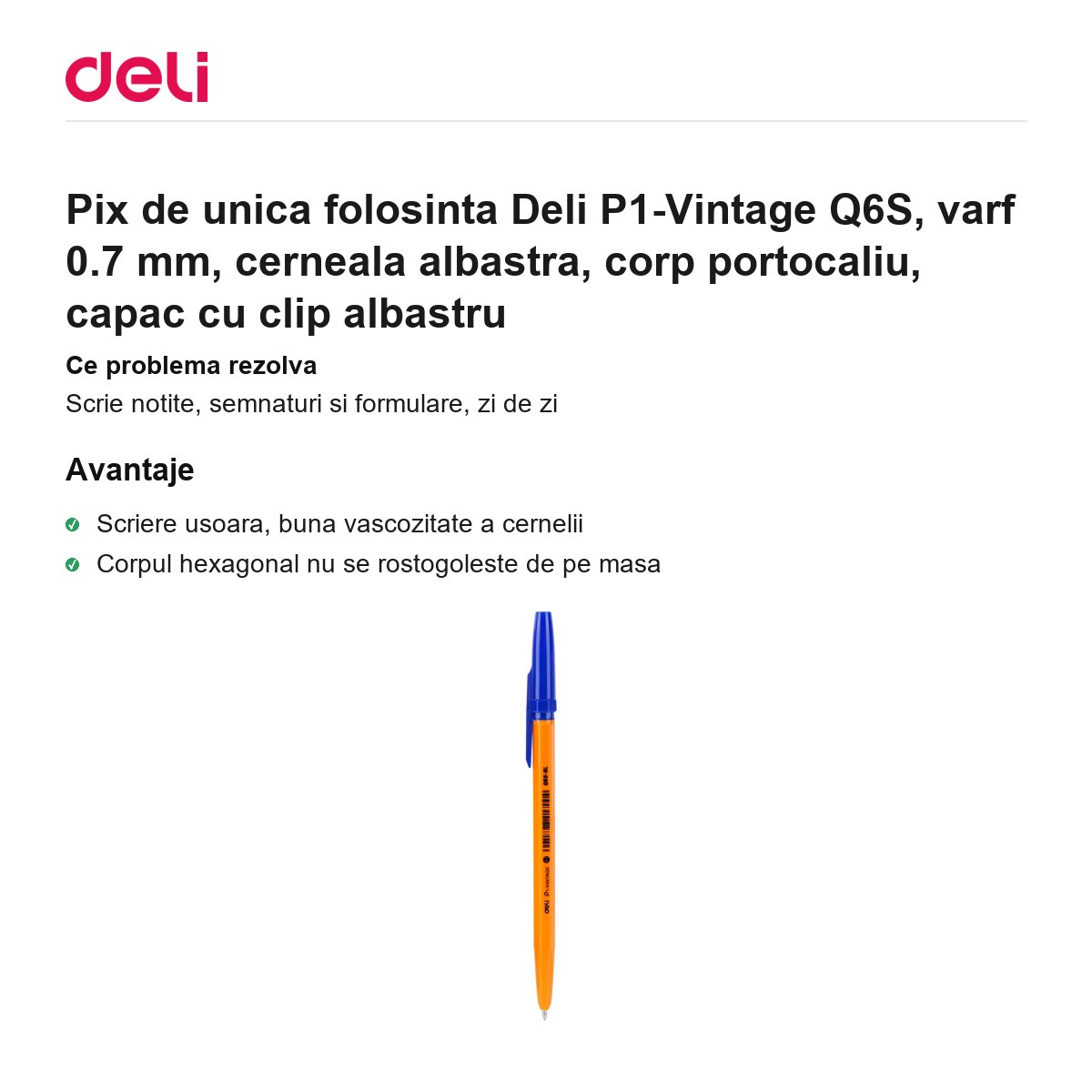 Pix de unica folosinta Deli P1-Vintage Q6S, varf 0.7 mm, cerneala albastra, corp portocaliu, capac cu clip albastru [2]