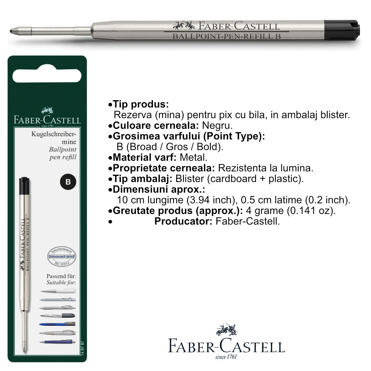 Rezerva Neagra pentru Pix Faber-Castell, Metalica, Varf B (Gros), in Blister de Protectie [2]