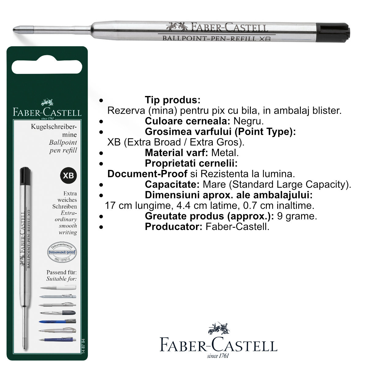 Rezerva Neagra pentru Pix Faber-Castell, Metalica, Varf XB (Extra Gros), Document-Proof, in Blister [2]