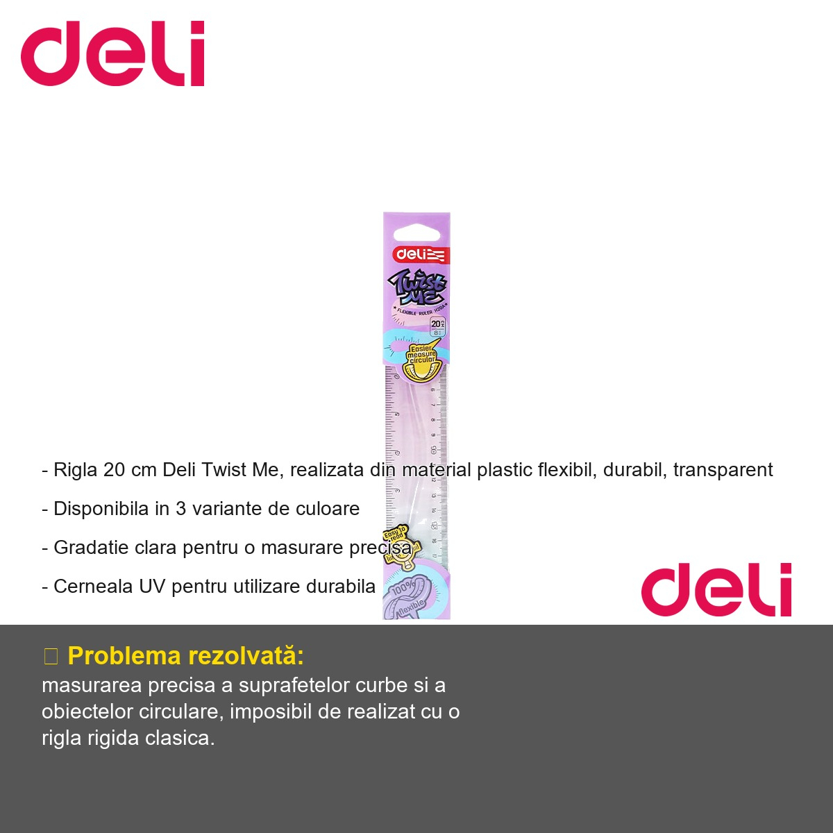 Rigla flexibila 20 cm Deli Twist Me Color, plastic transparent, pentru masurarea obiectelor curbate [2]