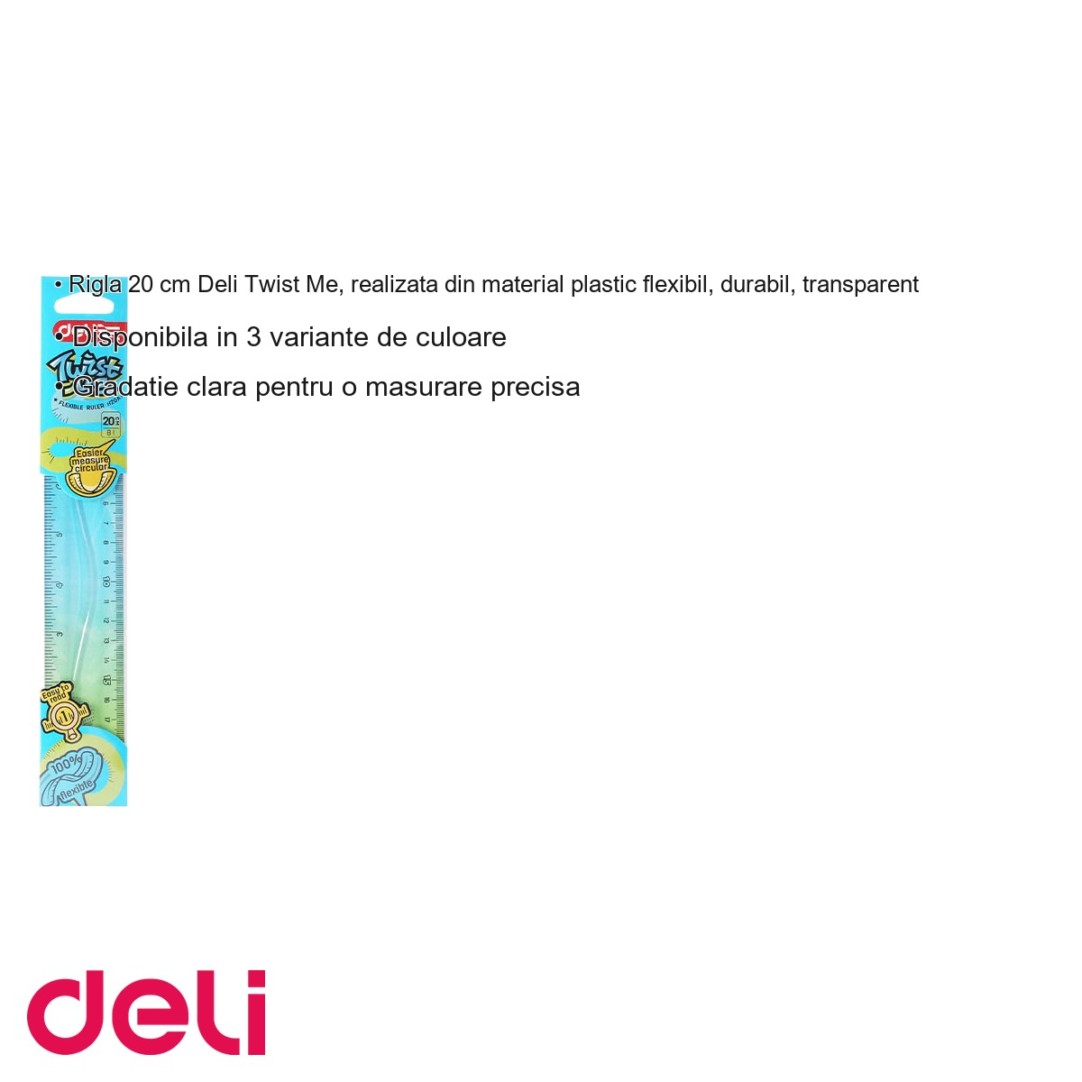 Rigla flexibila 20 cm Deli Twist Me Color, plastic transparent, pentru masurarea obiectelor curbate [3]