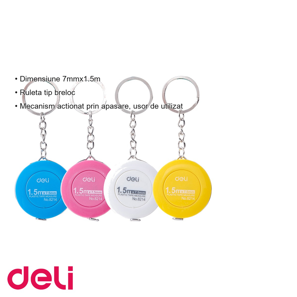 Ruleta tip breloc Deli, 7mm x 1.5m, dubla gradatie metric si inch, culori asortate [3]