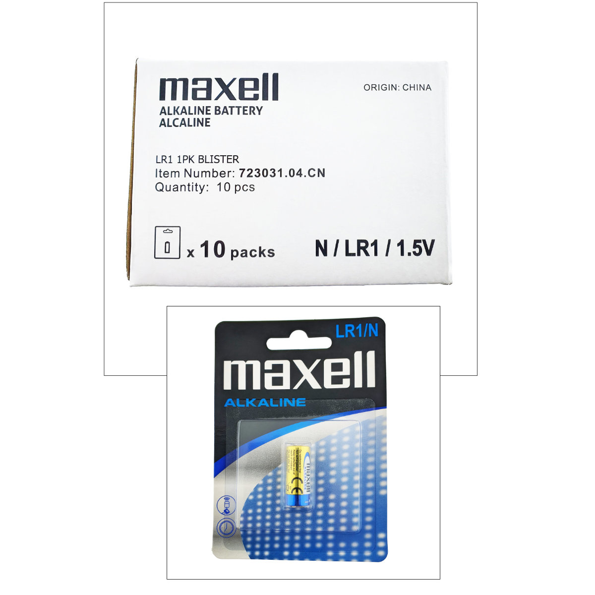 Set 10 baterii alcaline Maxell LR1 / N / AM5, 1.5V, capacitate 800-1000 mAh, 12mm diametru x 30mm inaltime, in blistere [4]