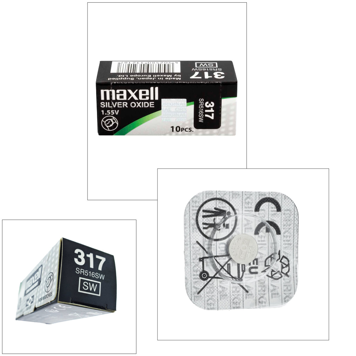 Set 10 baterii de ceas tip buton, Maxell SR516W 317, 1.55V, 5.8mm diametru x 1.65mm inaltime, capacitate 11.8 mAh, oxid de argint, in blistere [2]