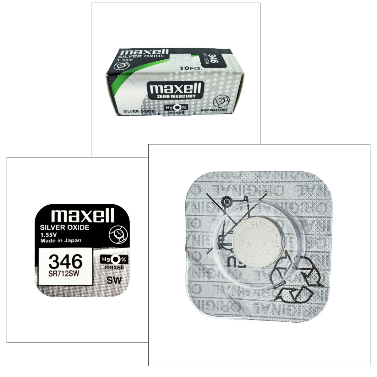 Set 10 baterii de ceas tip buton, Maxell SR712SW 346, 1.55V, 7.9mm diametru x 1.29mm inaltime, capacitate 10 mAh, oxid de argint, in blistere [5]