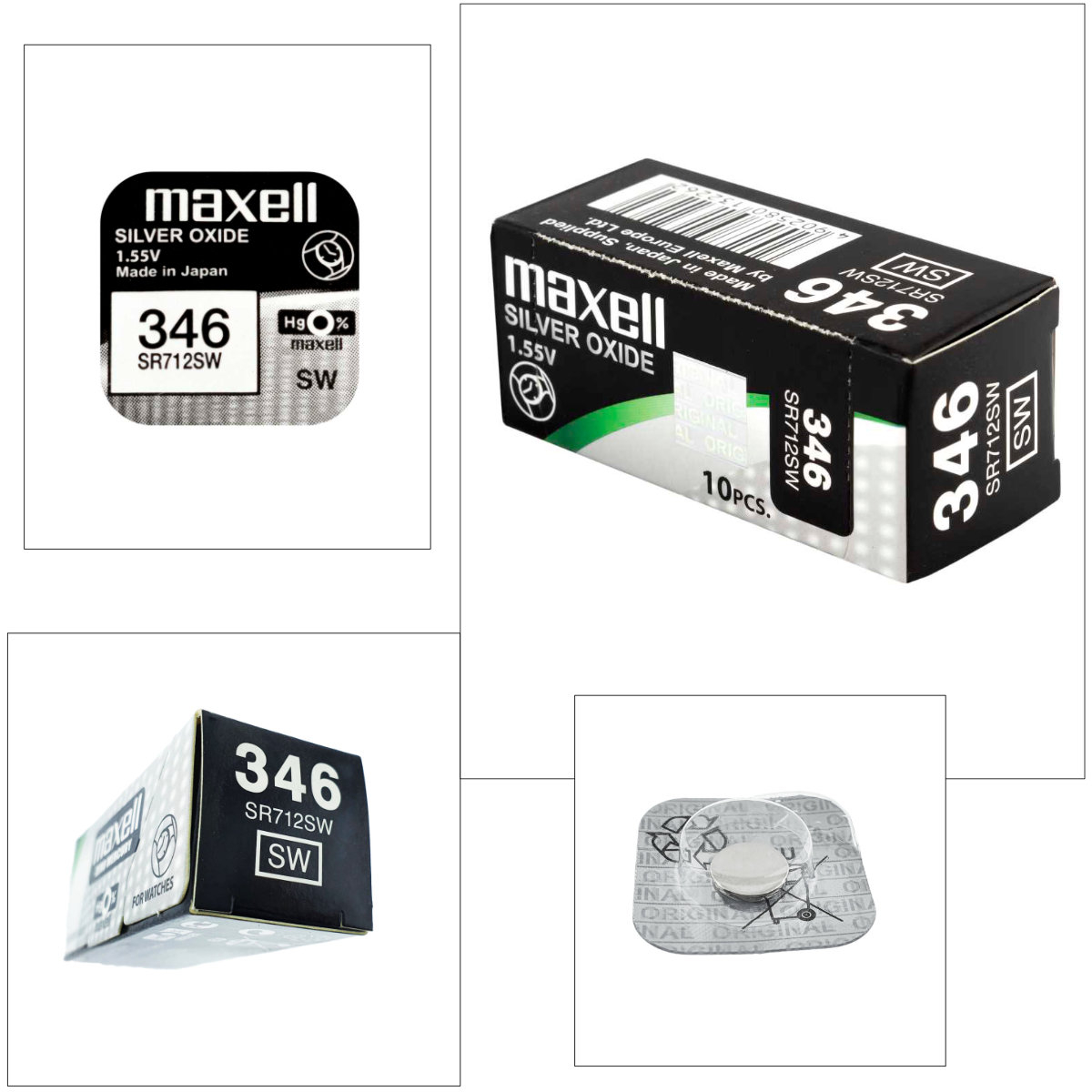 Set 10 baterii de ceas tip buton, Maxell SR712SW 346, 1.55V, 7.9mm diametru x 1.29mm inaltime, capacitate 10 mAh, oxid de argint, in blistere [3]