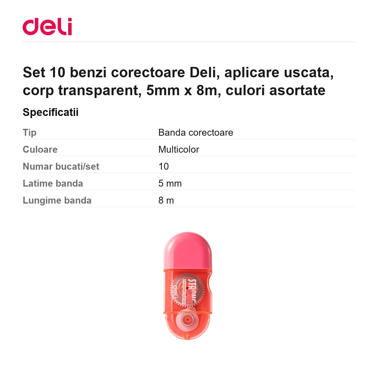 Set 10 benzi corectoare Deli, aplicare uscata, corp transparent, 5mm x 8m, culori asortate [3]