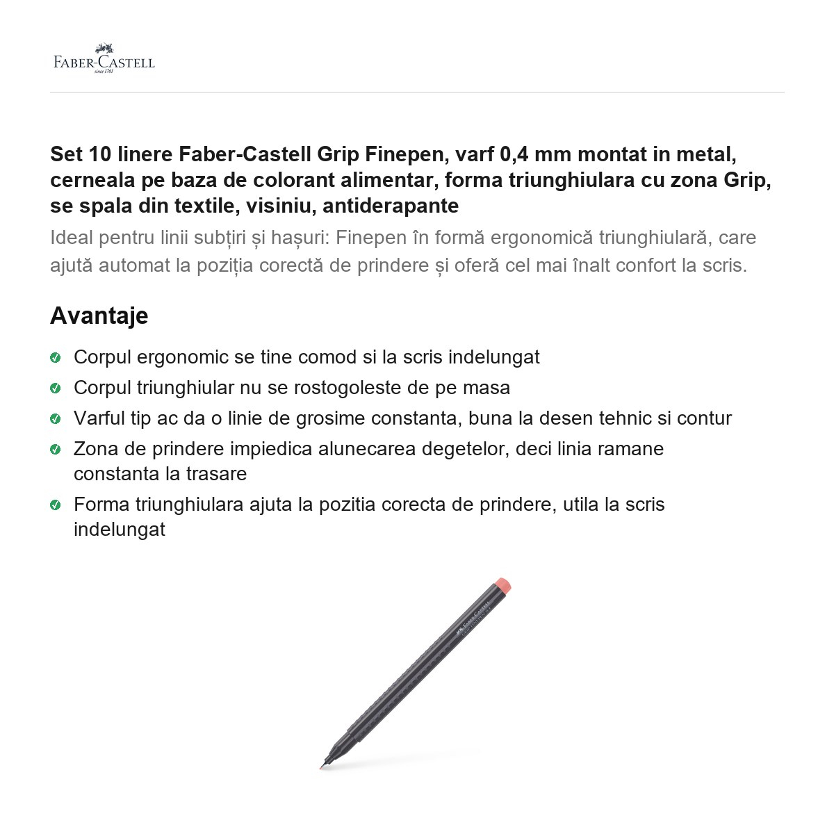 Set 10 linere Faber-Castell Grip Finepen, varf 0,4 mm montat in metal, cerneala pe baza de colorant alimentar, forma triunghiulara cu zona Grip, se spala din textile, visiniu, antiderapante [2]