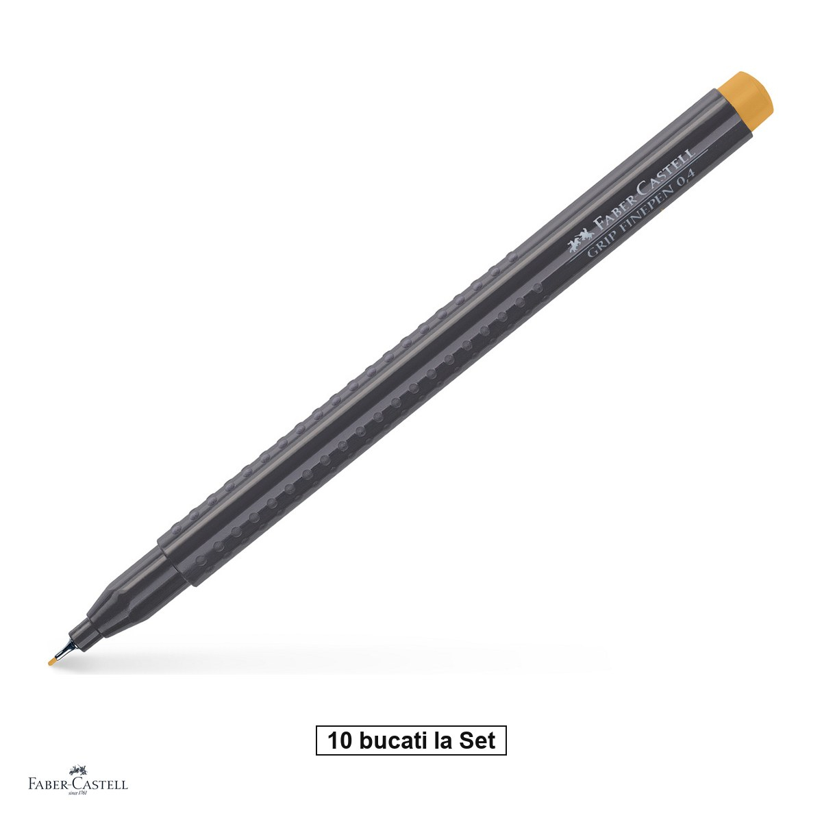 Set 10 linere Faber-Castell Grip Finepen, varf 0,4 mm montat in metal, cerneala pe baza de colorant alimentar, forma triunghiulara cu zona Grip, se spala din textile, ocru brun, antiderapante [1]