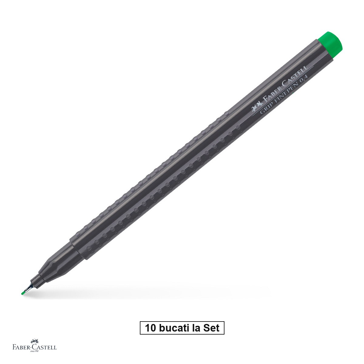Set 10 linere Faber-Castell Grip Finepen, varf 0,4 mm montat in metal, cerneala pe baza de colorant alimentar, forma triunghiulara cu zona Grip, se spala din textile, verde smarald, antiderapante [1]