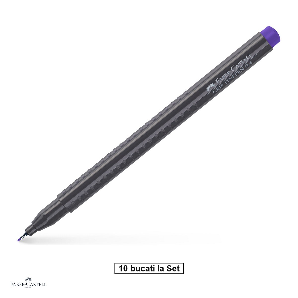 Set 10 linere Faber-Castell Grip Finepen, varf 0,4 mm montat in metal, cerneala pe baza de colorant alimentar, forma triunghiulara cu zona Grip, se spala din textile, mauve, antiderapante [1]