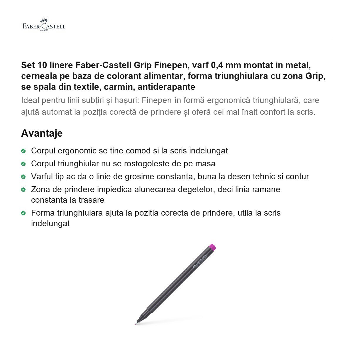 Set 10 linere Faber-Castell Grip Finepen, varf 0,4 mm montat in metal, cerneala pe baza de colorant alimentar, forma triunghiulara cu zona Grip, se spala din textile, carmin, antiderapante [2]