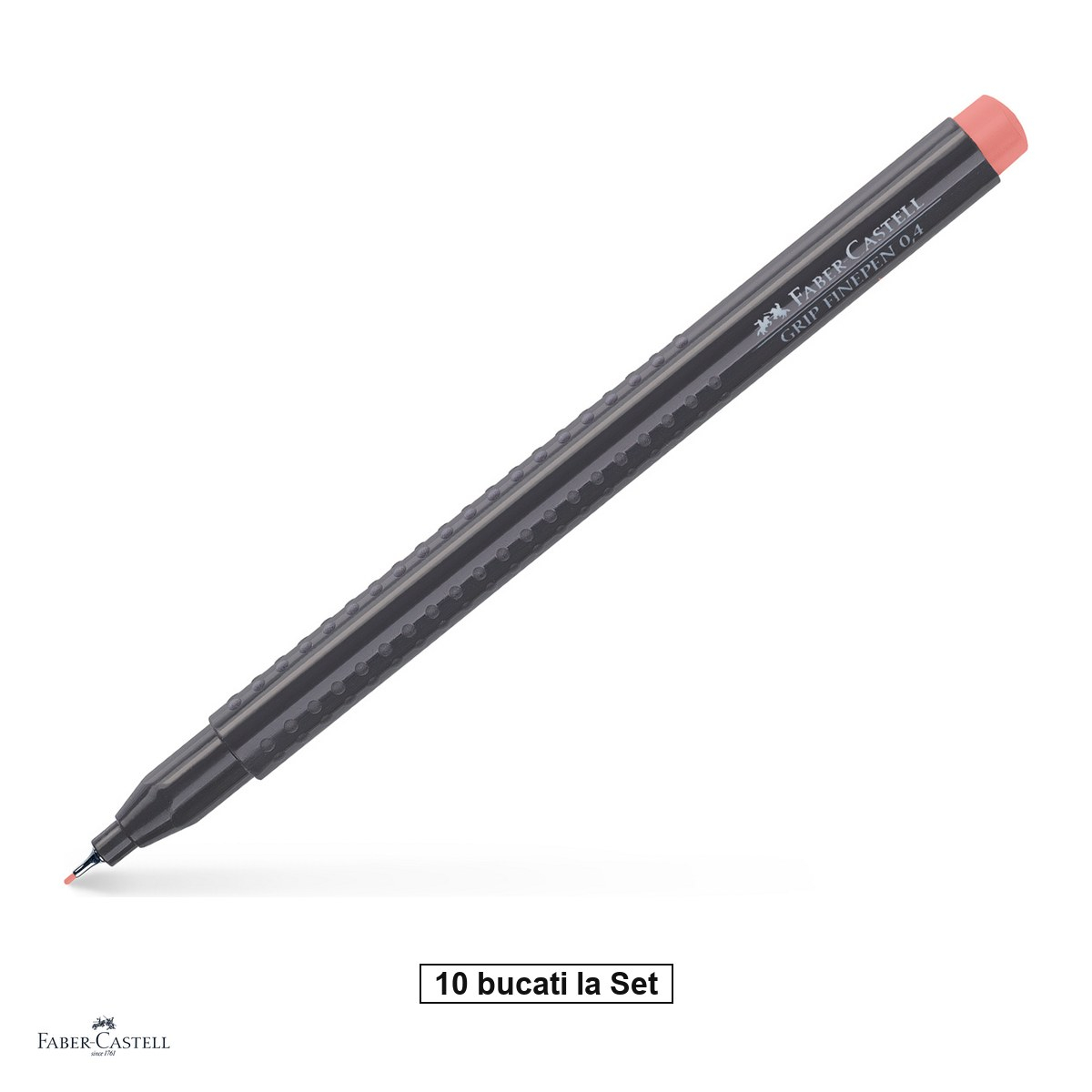 Set 10 linere Faber-Castell Grip Finepen, varf 0,4 mm montat in metal, cerneala pe baza de colorant alimentar, forma triunghiulara cu zona Grip, se spala din textile, visiniu, antiderapante [1]