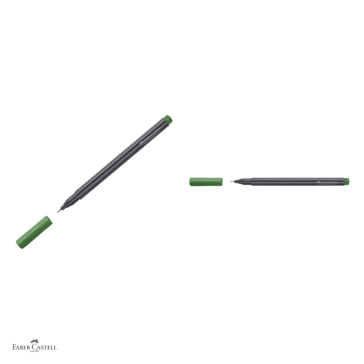 Set 10 linere Faber-Castell Grip Finepen, varf 0,4 mm montat in metal, cerneala pe baza de colorant alimentar, forma triunghiulara cu zona Grip, se spala din textile, verde oliv permanent [4]