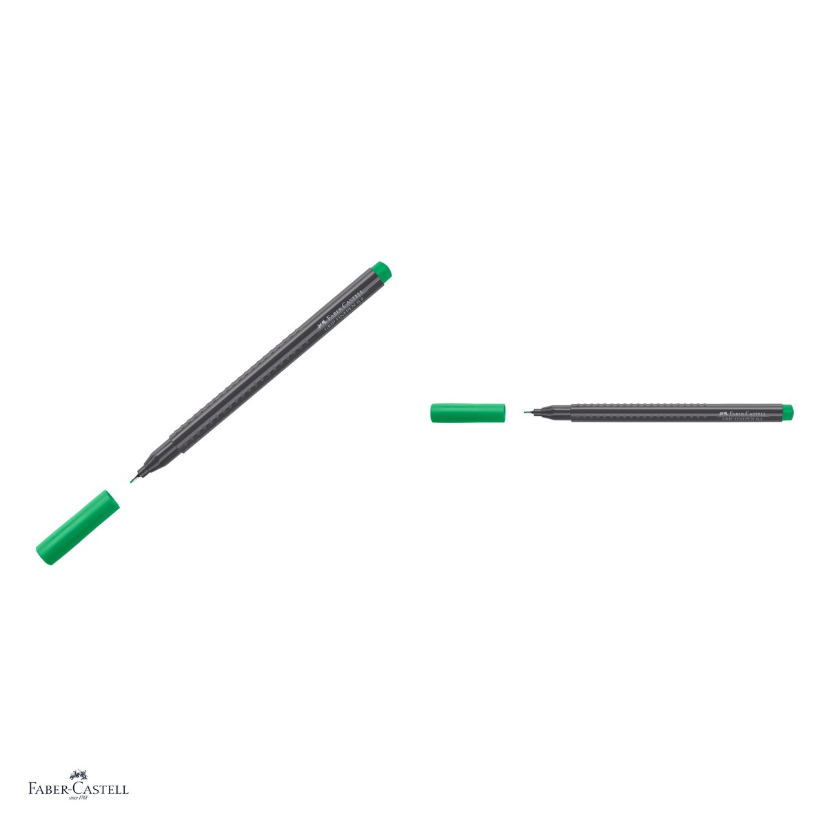 Set 10 linere Faber-Castell Grip Finepen, varf 0,4 mm montat in metal, cerneala pe baza de colorant alimentar, forma triunghiulara cu zona Grip, se spala din textile, verde smarald, antiderapante [4]