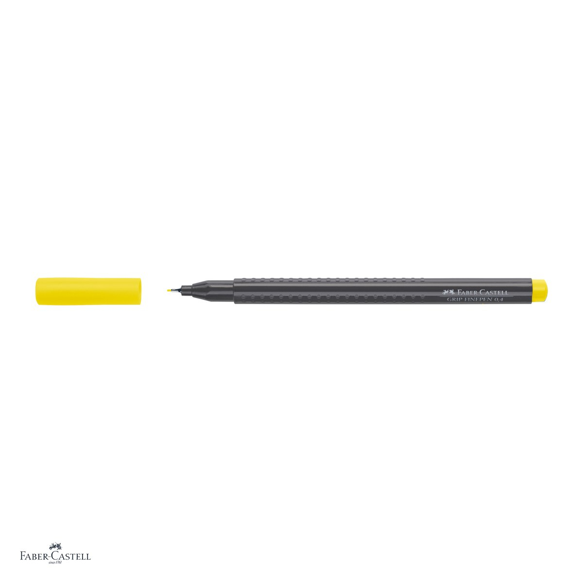 Set 10 linere Faber-Castell Grip Finepen, varf 0,4 mm montat in metal, cerneala pe baza de colorant alimentar, forma triunghiulara cu zona Grip, se spala din textile, galben crom deschis [4]
