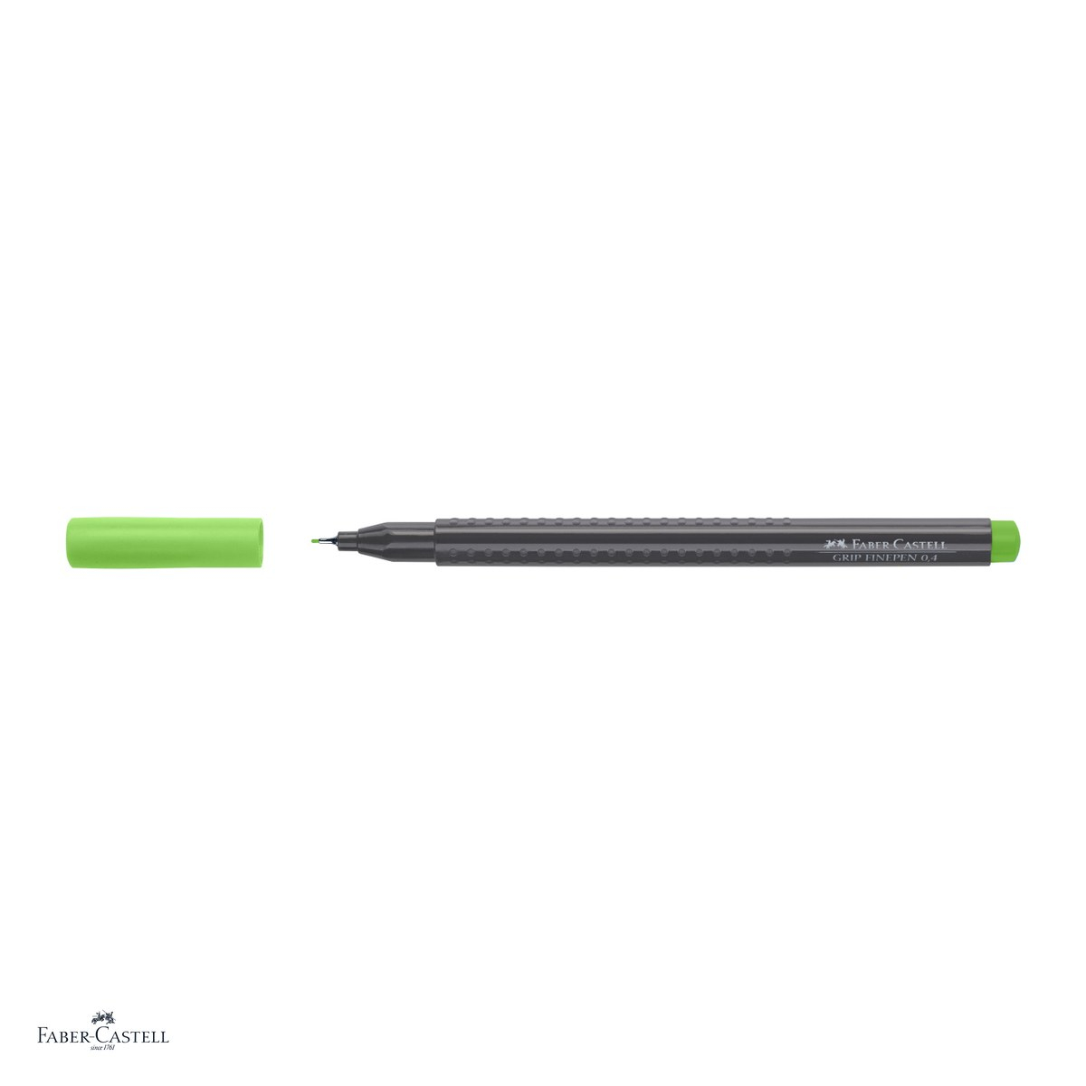 Set 10 linere Faber-Castell Grip Finepen, varf 0,4 mm montat in metal, cerneala pe baza de colorant alimentar, forma triunghiulara cu zona Grip, se spala din textile, verde iarba, antiderapante [4]