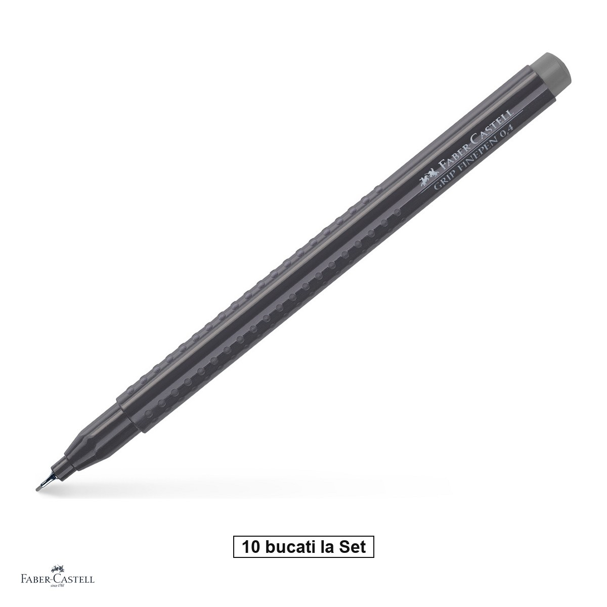 Set 10 linere Faber-Castell Grip Finepen, varf 0,4 mm montat in metal, cerneala pe baza de colorant alimentar, forma triunghiulara cu zona Grip, se spala din textile, gri cald IV, antiderapante [1]