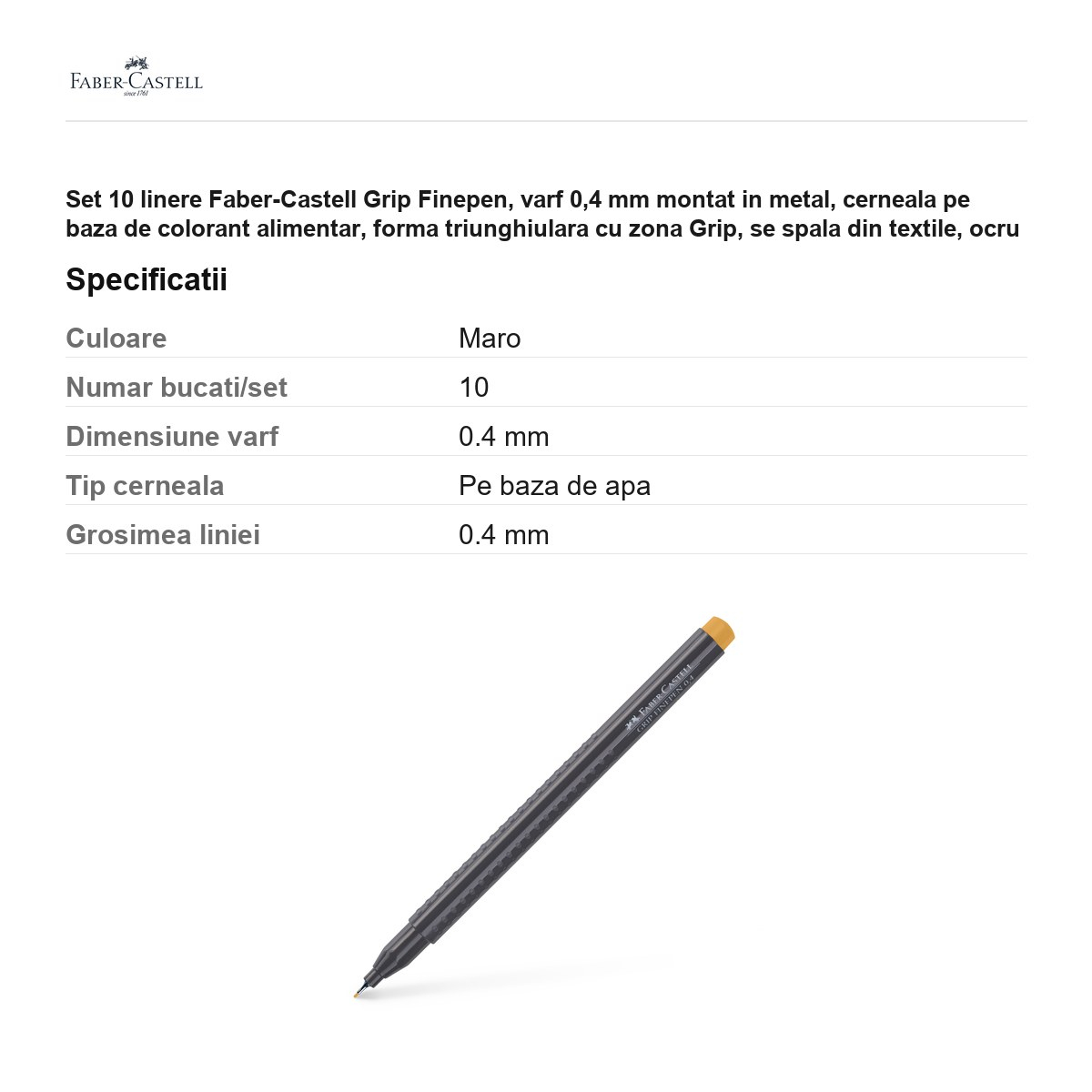 Set 10 linere Faber-Castell Grip Finepen, varf 0,4 mm montat in metal, cerneala pe baza de colorant alimentar, forma triunghiulara cu zona Grip, se spala din textile, ocru brun, antiderapante [3]