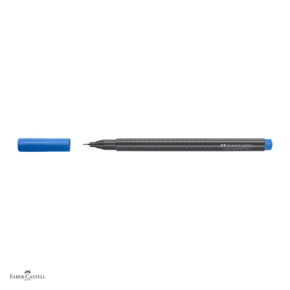 Set 10 linere Faber-Castell Grip Finepen, varf 0,4 mm montat in metal, cerneala pe baza de colorant alimentar, forma triunghiulara cu zona Grip, se spala din textile, albastru helio rosiatic [4]