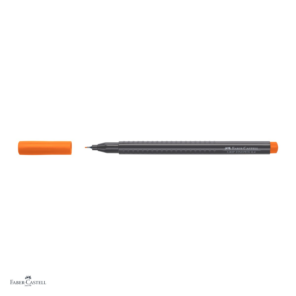 Set 10 linere Faber-Castell Grip Finepen, varf 0,4 mm montat in metal, cerneala pe baza de colorant alimentar, forma triunghiulara cu zona Grip, se spala din textile, portocaliu cadmiu inchis [4]
