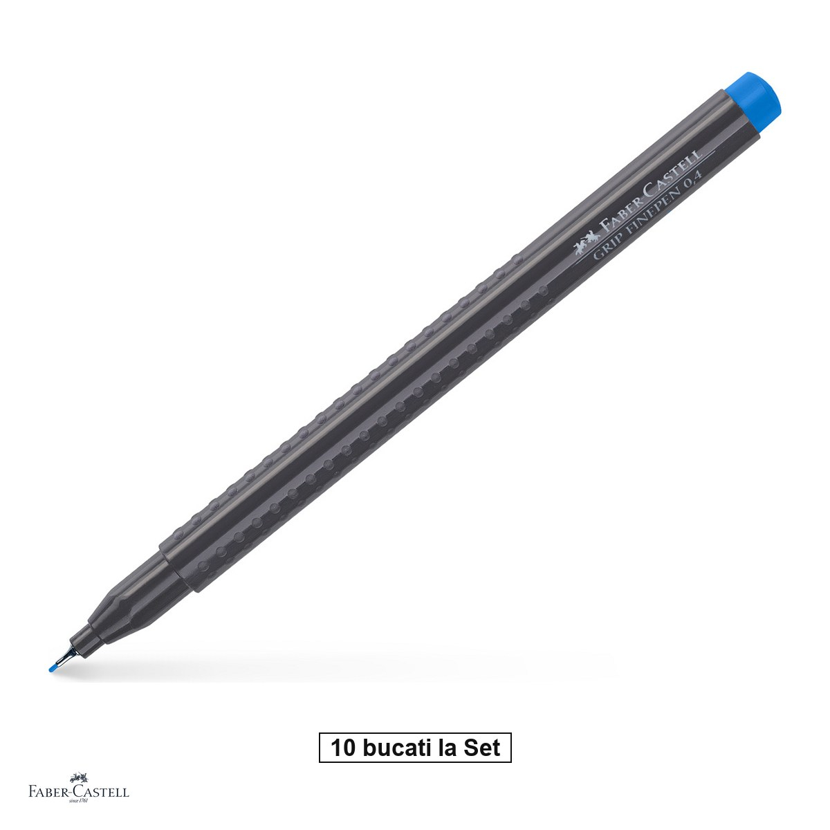 Set 10 linere Faber-Castell Grip Finepen, varf 0,4 mm montat in metal, cerneala pe baza de colorant alimentar, forma triunghiulara cu zona Grip, se spala din textile, albastru helio rosiatic [1]