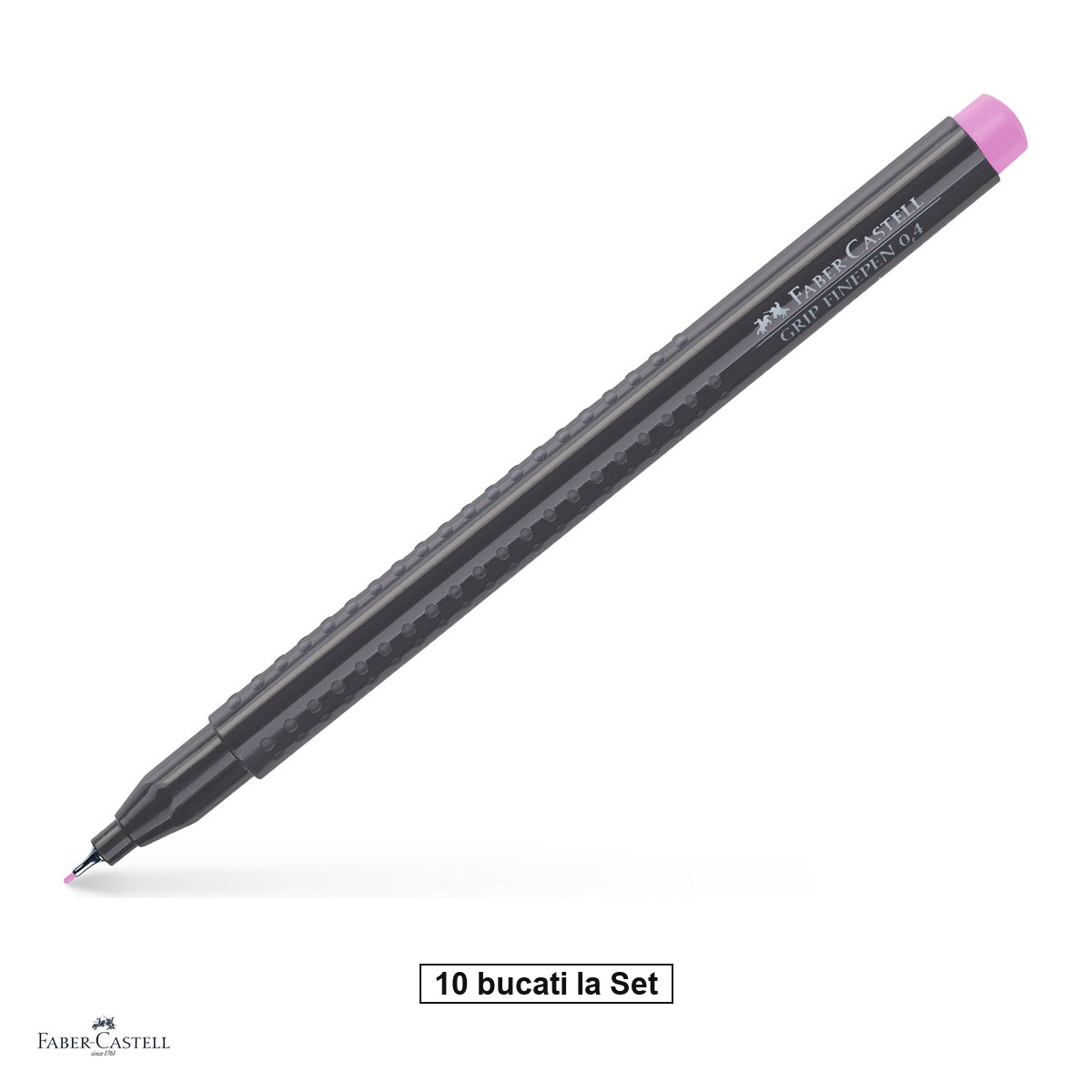 Set 10 linere Faber-Castell Grip Finepen, varf 0,4 mm montat in metal, cerneala pe baza de colorant alimentar, forma triunghiulara cu zona Grip, se spala din textile, magenta deschis, antiderapante [1]