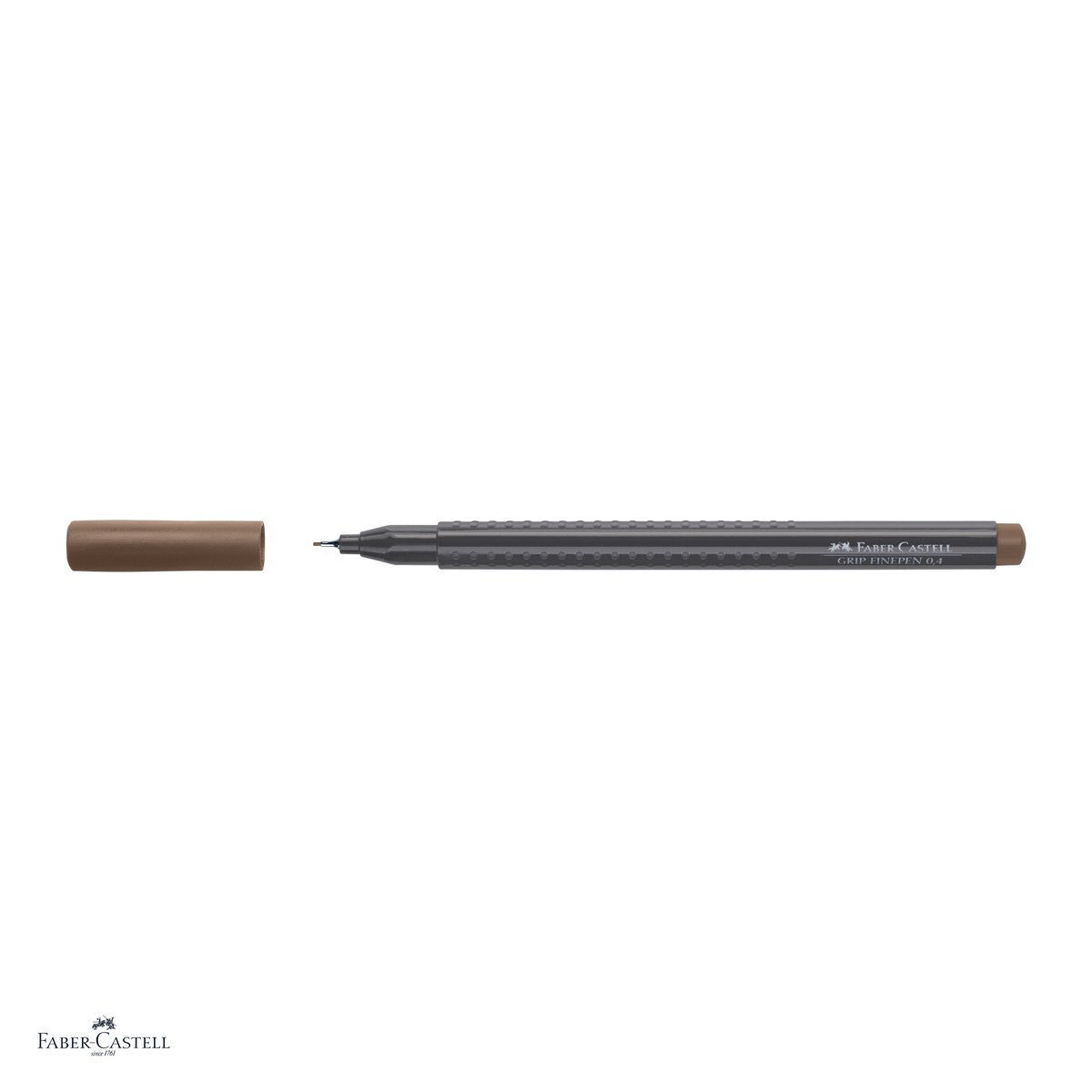 Set 10 linere Faber-Castell Grip Finepen, varf 0,4 mm montat in metal, cerneala pe baza de colorant alimentar, forma triunghiulara cu zona Grip, se spala din textile, umbra arsa, antiderapante [4]