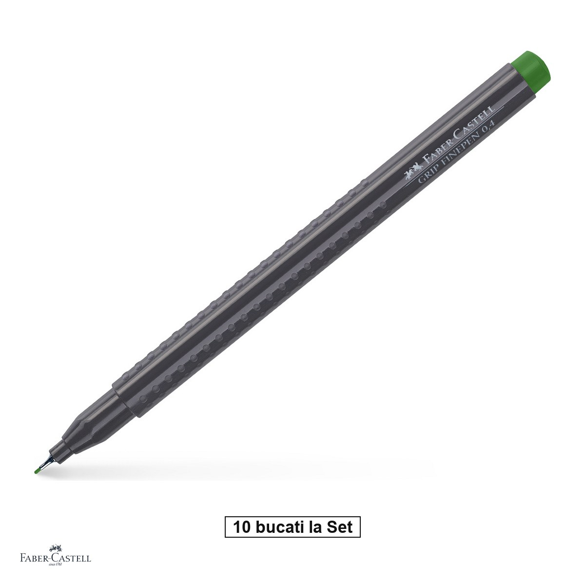 Set 10 linere Faber-Castell Grip Finepen, varf 0,4 mm montat in metal, cerneala pe baza de colorant alimentar, forma triunghiulara cu zona Grip, se spala din textile, verde oliv permanent [1]
